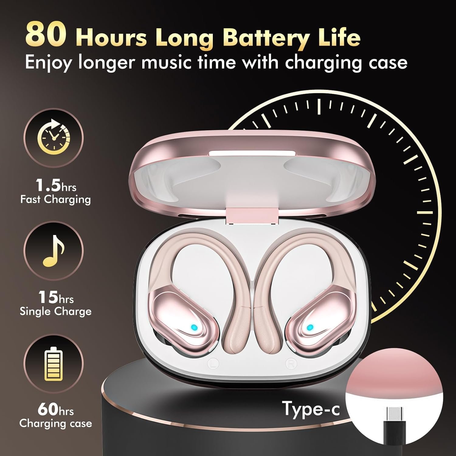 80Hrs Wireless Earbuds: Rose Gold Bluetooth for Active Lifestyles! - Image 3