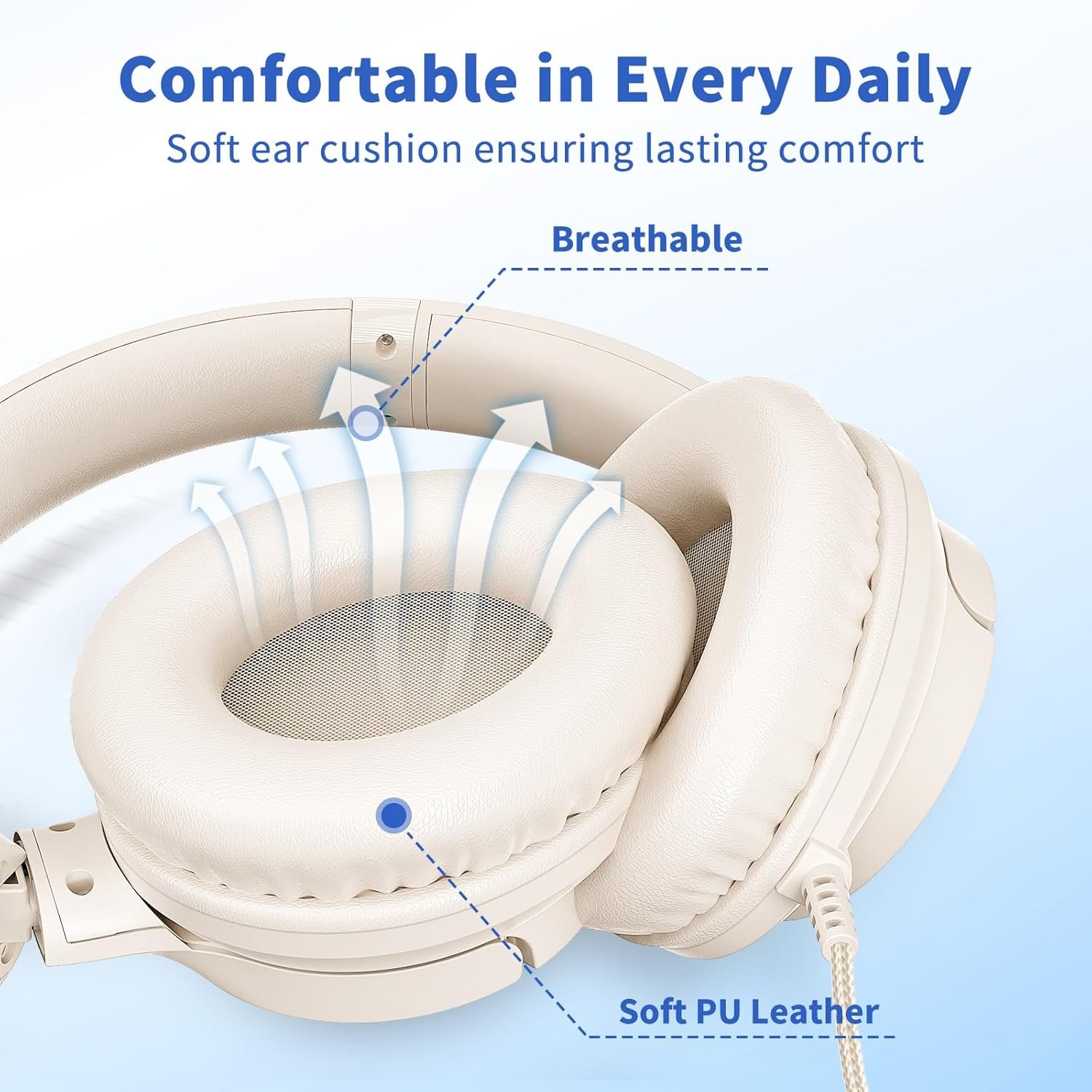 Comfortable Wired Over-Ear Headphones with Microphone – Beige - Image 5