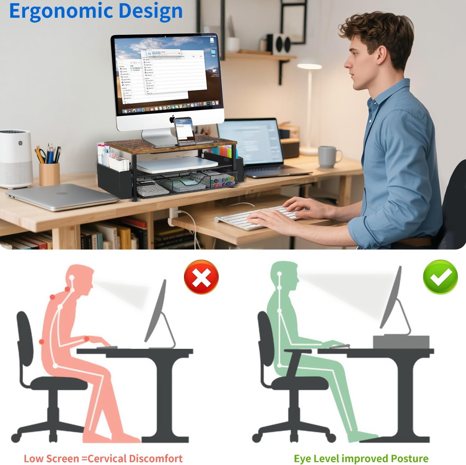 Elevate Your Workspace: 2-Tier Wood Desk Organizer & Stand - Image 3