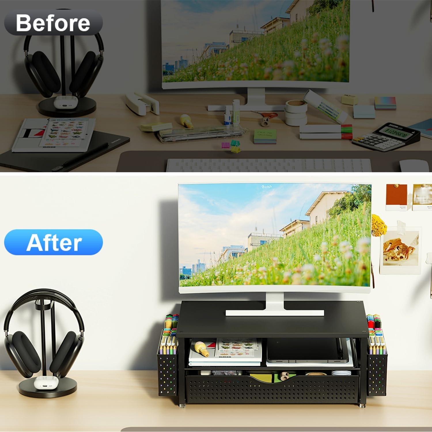 Smart Desk Organizer: Riser & 2 Pen Holders for a Clutter-Free Workspace! - Image 3