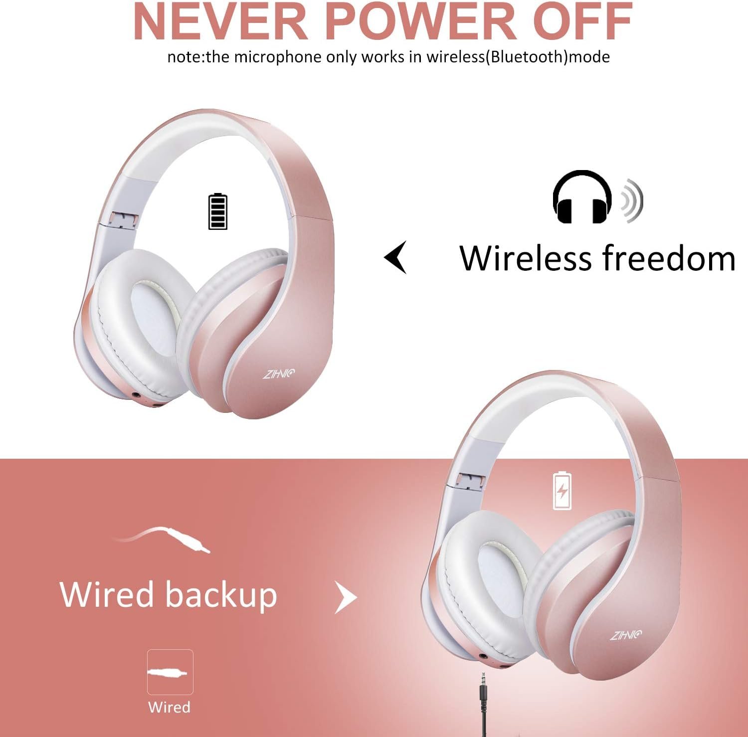 ZIHNIC Bluetooth Headphones: Wireless Comfort in Rose Gold! - Image 6