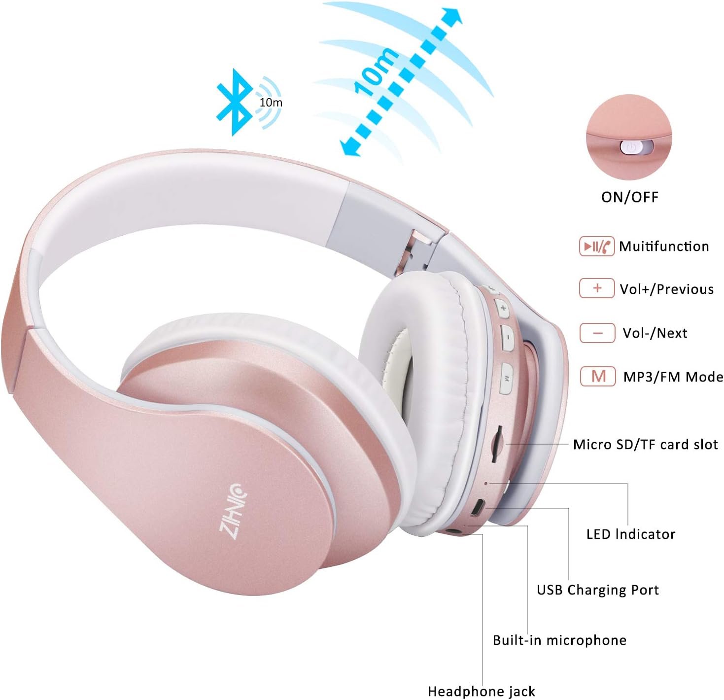 ZIHNIC Bluetooth Headphones: Wireless Comfort in Rose Gold! - Image 7