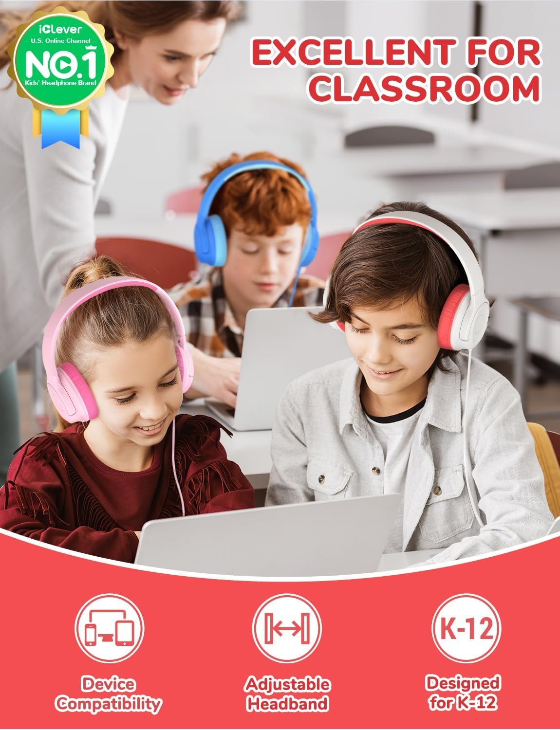 iClever Kids Headphones: Safe 85dBA, Tangle-Free, 5-Pack! - Image 3