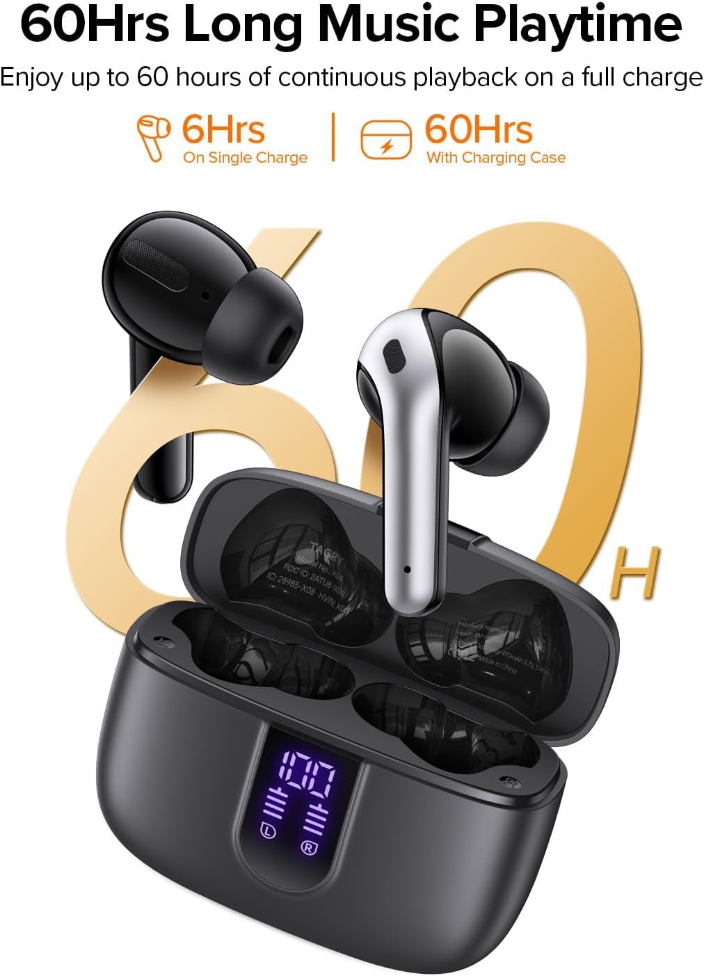 TAGRY Bluetooth Earbuds: 60H Playtime & LED Charge Display! - Image 4