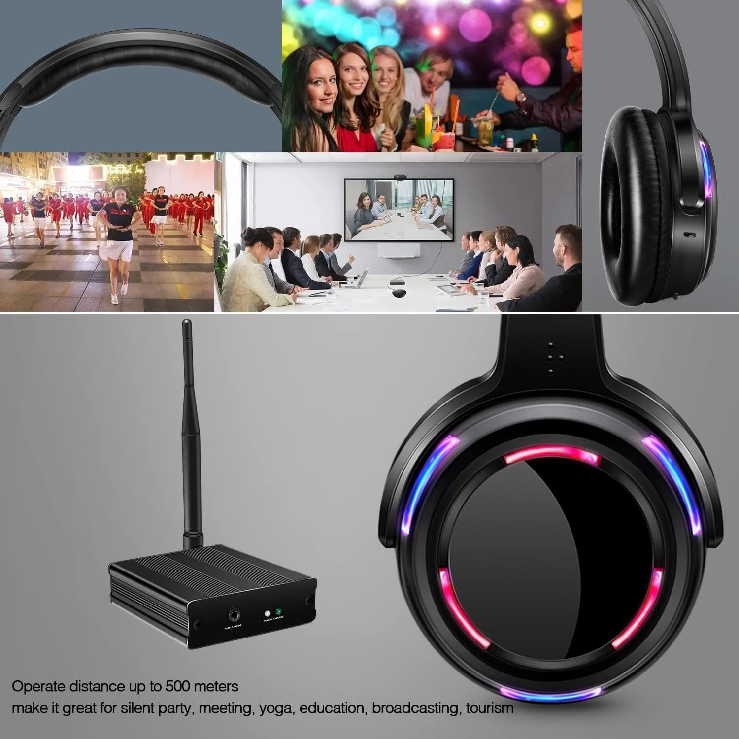 10pcs Wireless Silent Disco Headphones & 500m LED Transmitter - Image 3