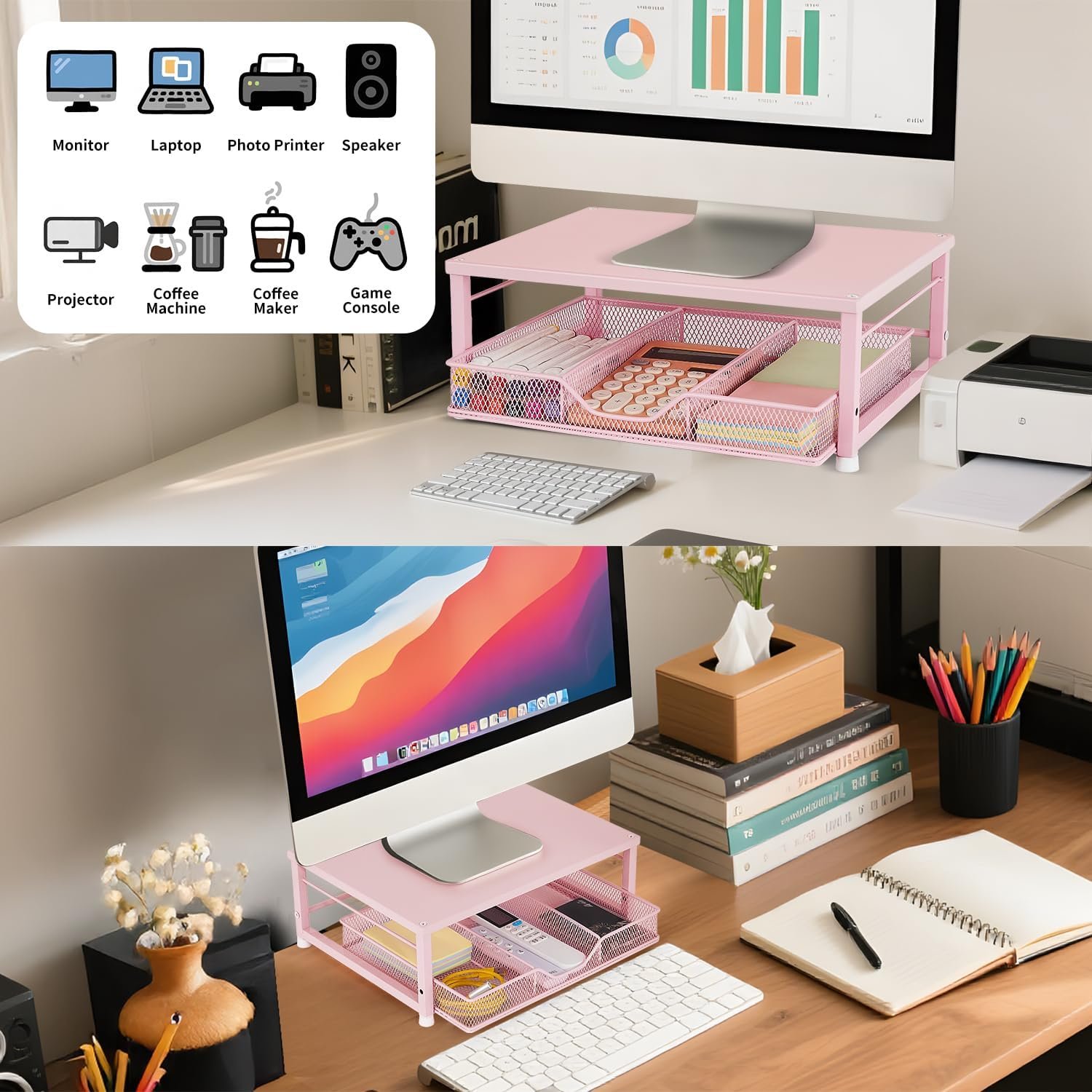 Chic Pink Laptop Stand: Stylish Office Essential with Drawer! - Image 3