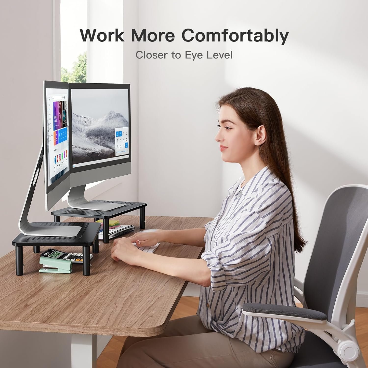 Transform Your Workspace: HUANUO Adjustable Monitor Stand - 2 Pack! - Image 3