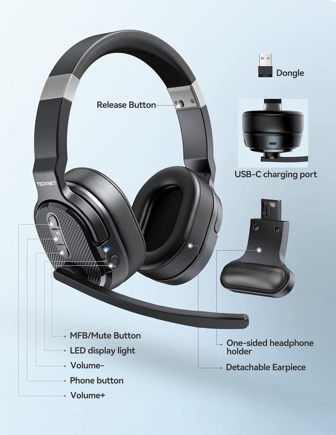 TECKNET Bluetooth Trucker Headset: 50Hrs, Noise Cancelling! - Image 7