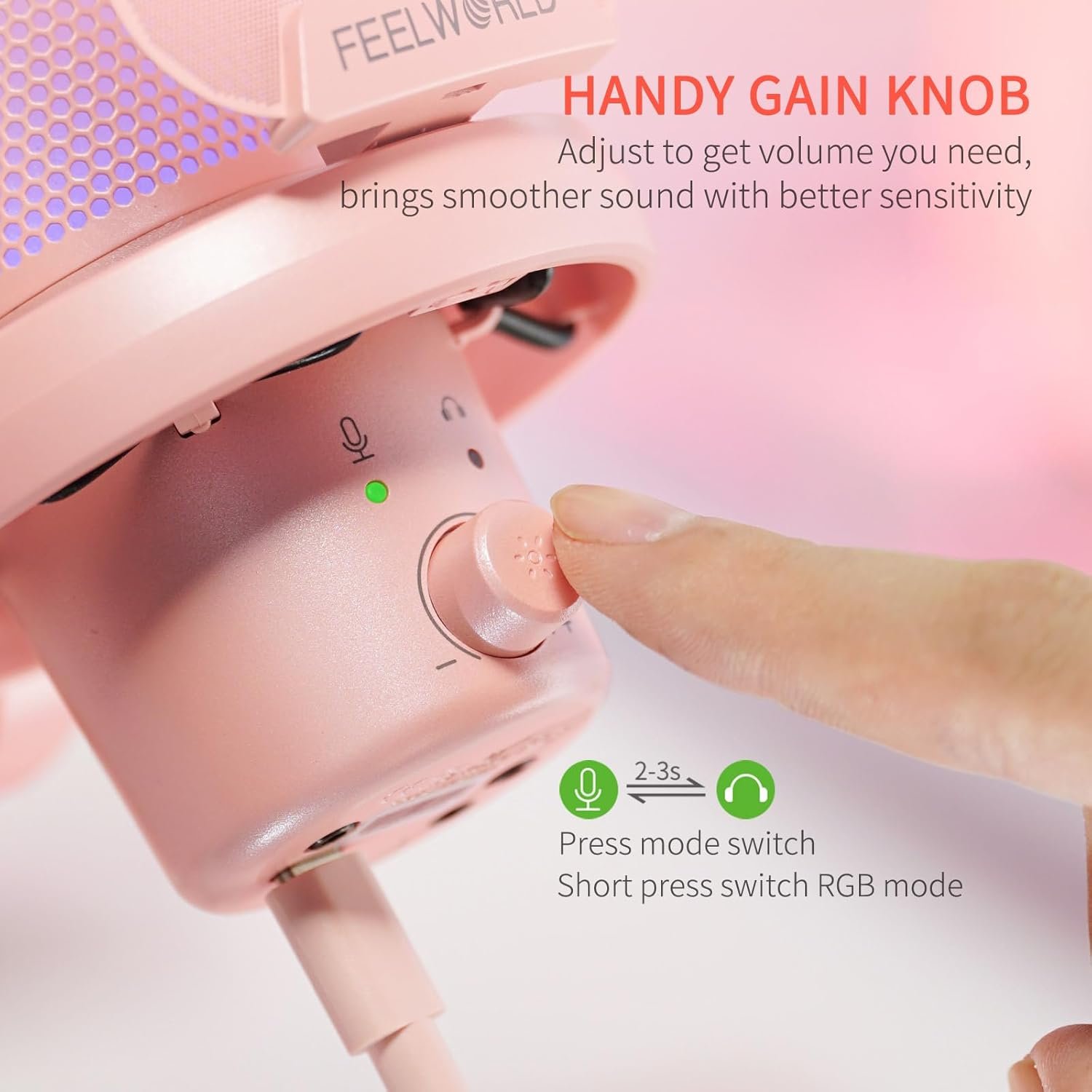 FEELWORLD VM1: Pink Gaming Mic with RGB & Noise Cancellation! - Image 4