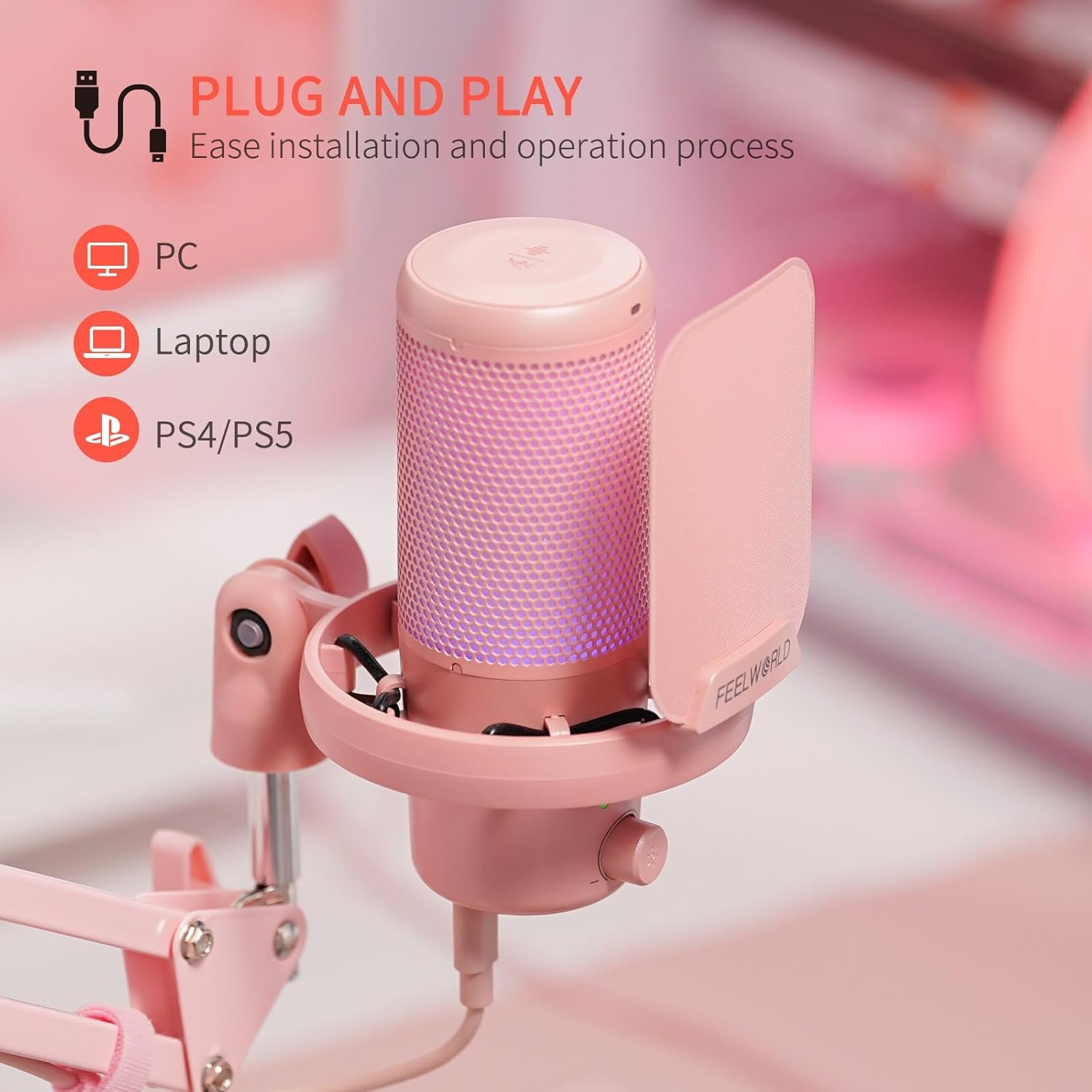 FEELWORLD VM1: Pink Gaming Mic with RGB & Noise Cancellation! - Image 6