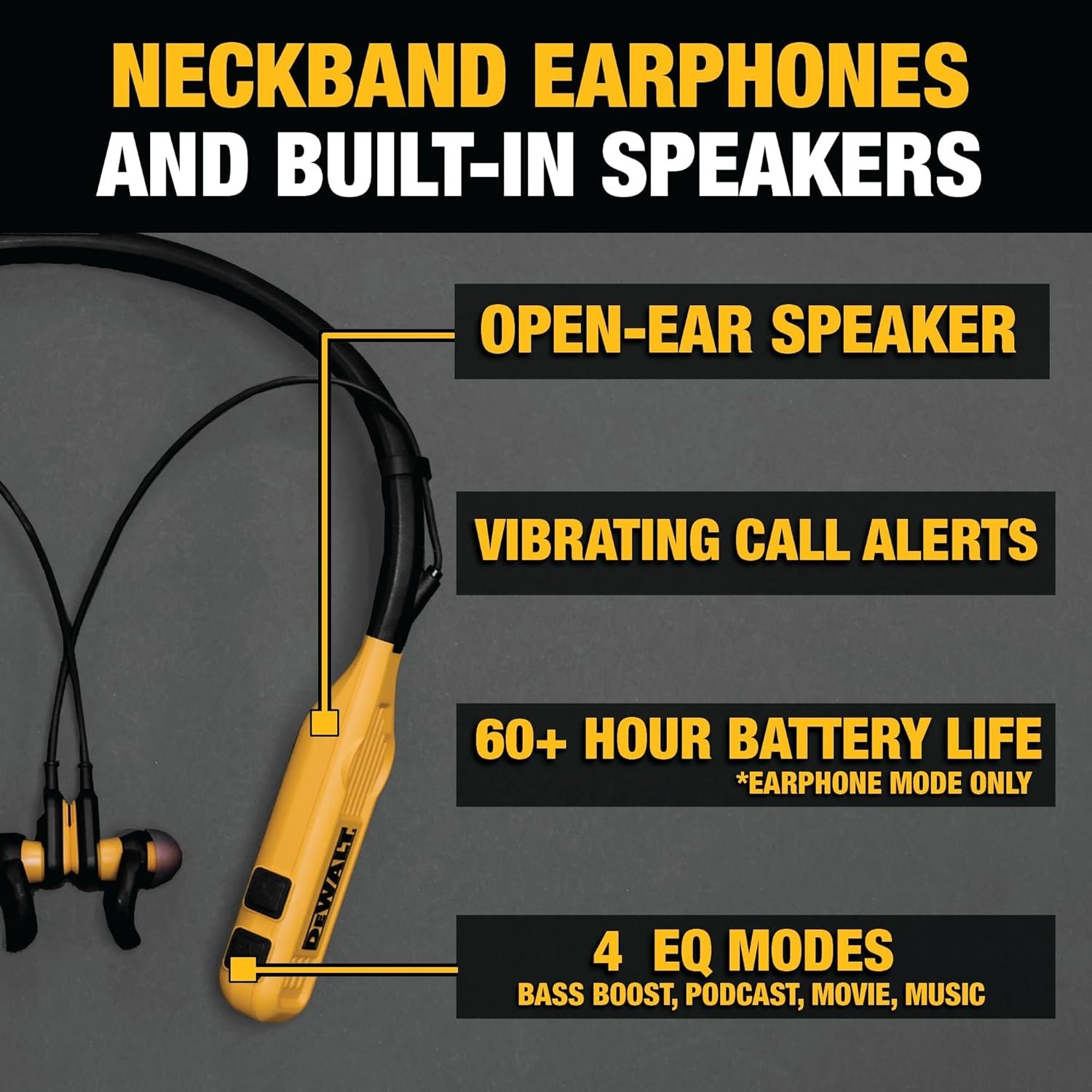 DEWALT 2-in-1 Neckband Headphones: 60+ Hrs of Music & Calls! - Image 3