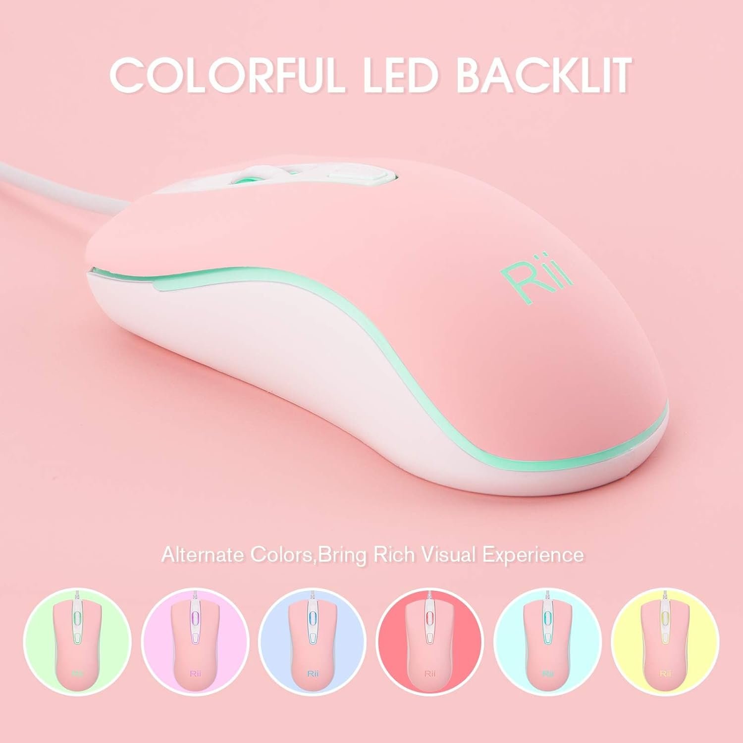 Vibrant Rii USB RGB Wired Mouse for PC & Laptop – Pink Fun! - Image 3