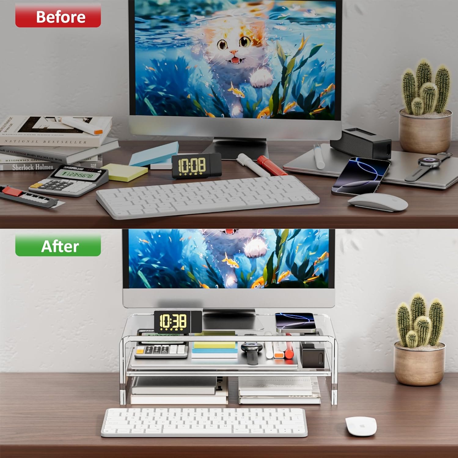 Clear Acrylic Monitor Stand Riser: 2-Tier Desk Organizer! - Image 5