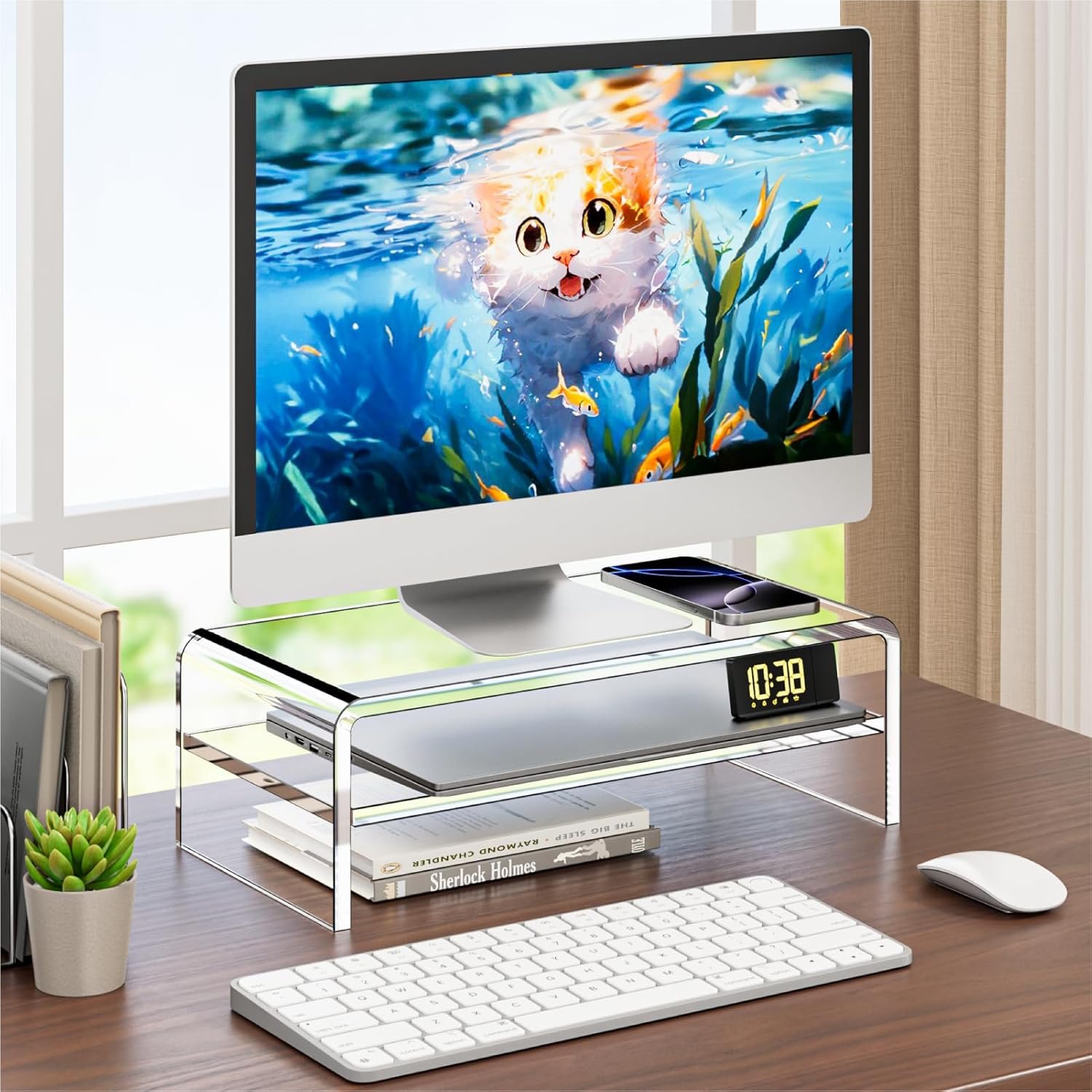 Clear Acrylic Monitor Stand Riser: 2-Tier Desk Organizer! - Image 7