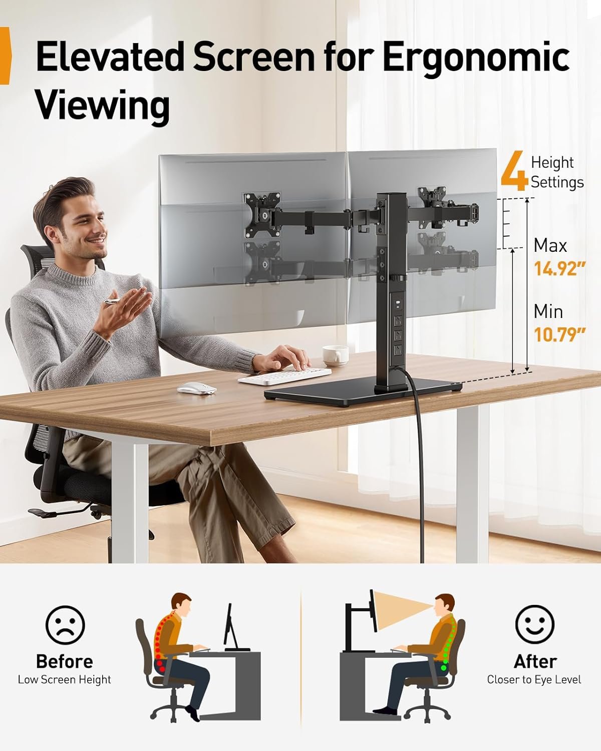 Maximize Space: Perlegear Dual Monitor Stand with Power Strip - Image 5