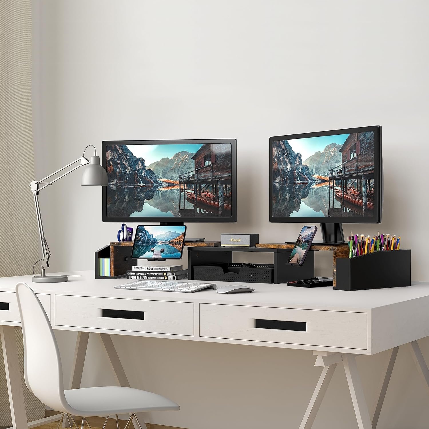 Elevate Your Space: Rustic Brown Dual Monitor Stand with Drawer - Image 6