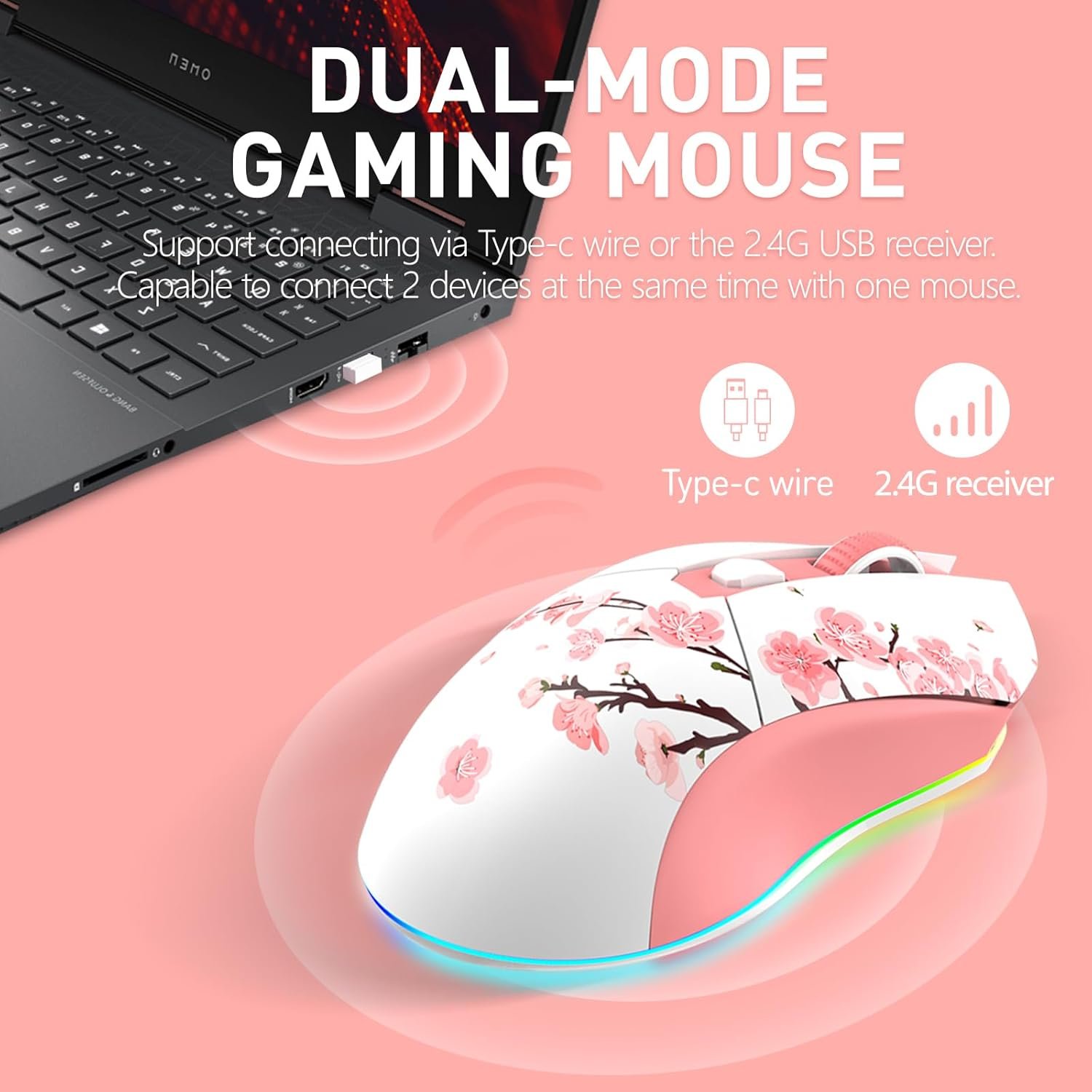 DAREU Sakura Pink Wireless Gaming Mouse: RGB & 12K DPI! - Image 4