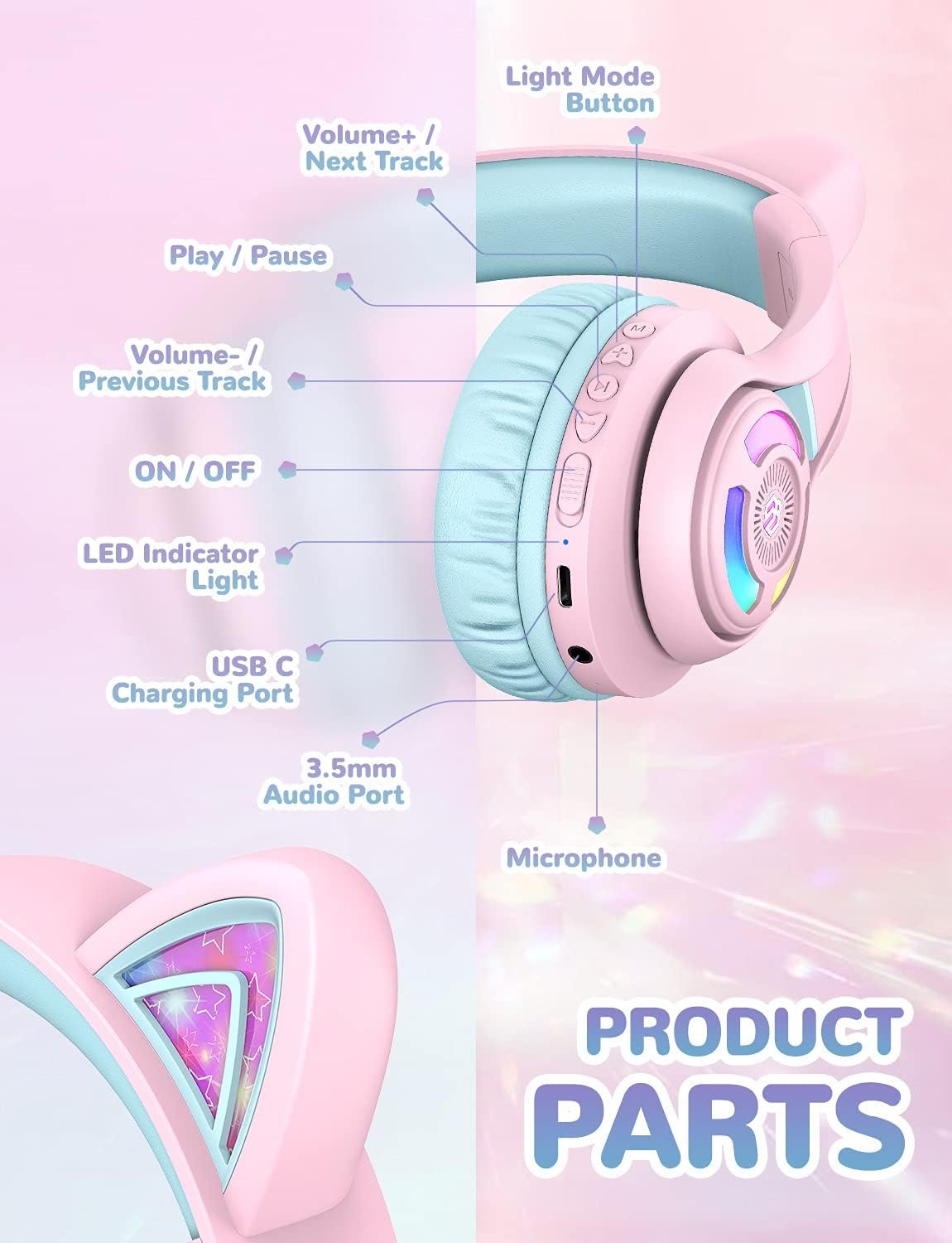iClever Cat Ear Kids Bluetooth Headphones: Fun & Safe Sound! - Image 6