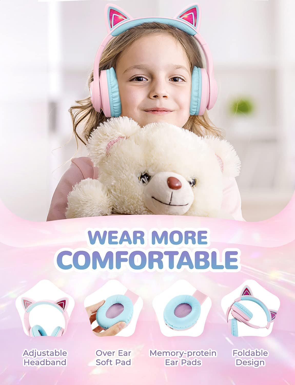 iClever Cat Ear Kids Bluetooth Headphones: Fun & Safe Sound! - Image 7
