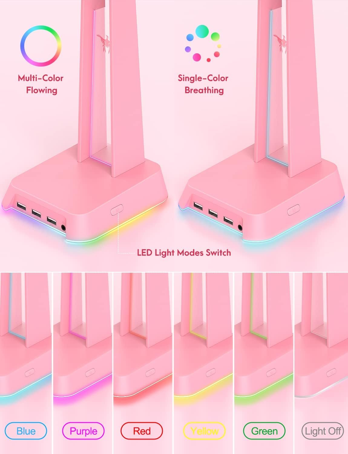 Stylish RGB Headphone Stand & USB Hub for Gamers (Pink) - Image 3