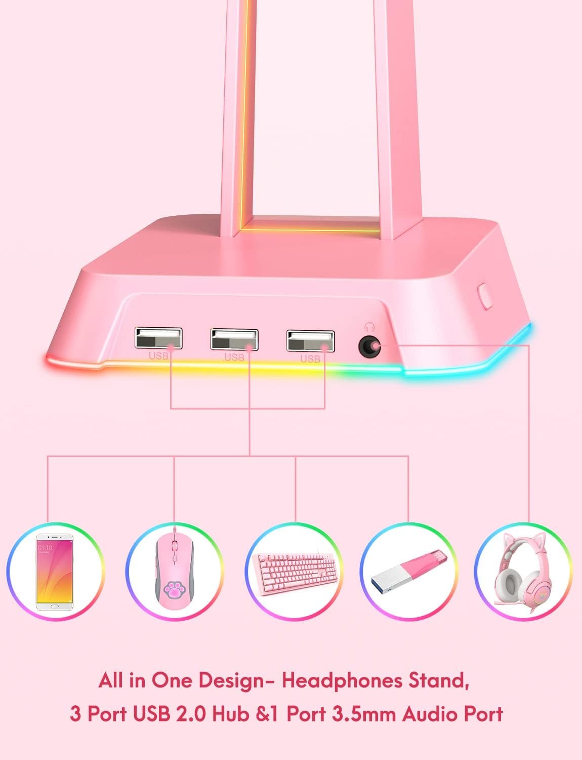 Stylish RGB Headphone Stand & USB Hub for Gamers (Pink) - Image 4