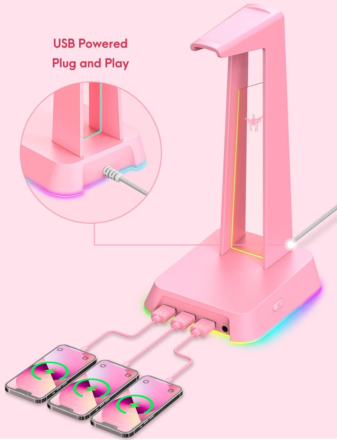 Stylish RGB Headphone Stand & USB Hub for Gamers (Pink) - Image 5