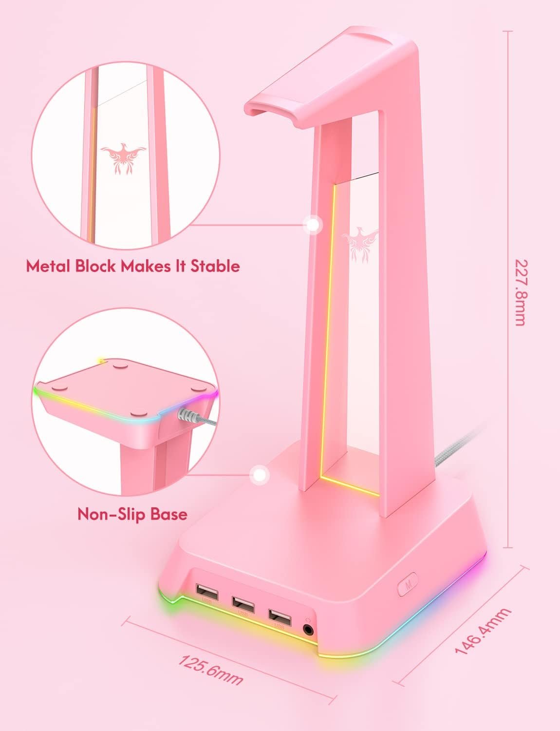Stylish RGB Headphone Stand & USB Hub for Gamers (Pink) - Image 6