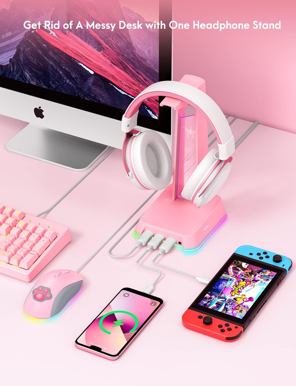 Stylish RGB Headphone Stand & USB Hub for Gamers (Pink) - Image 7