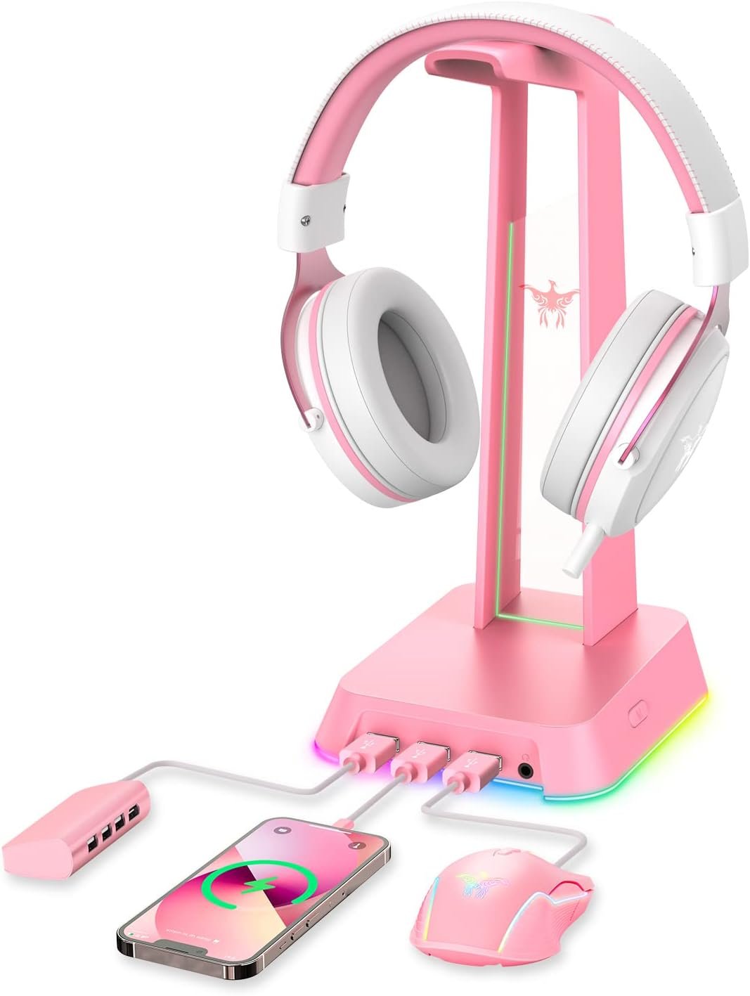 Stylish RGB Headphone Stand & USB Hub for Gamers (Pink) - Image 2